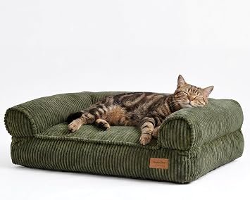 FUKUMARU Cat Couch Bed, Corduroy Cozy Cat Bed for Indoor Cats with Removable Washable Cover, Supportive Anti-Slip Dog Beds Sofa for Small Dogs Cute, 27inch, Medium, Green