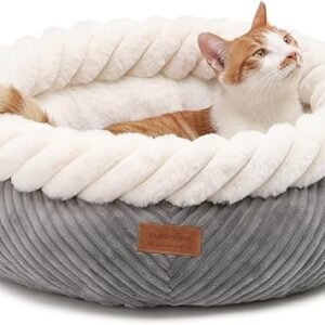 FUKUMARU Cat Beds for Indoor Cats, Washable Round Donut Cat Bed, Super Soft Cute Dog Bed for Small Dogs and Puppy, Cozy Plush Faux Fur Calming Pet Bed with Anti-Slip Bottom, 53 cm, Grey