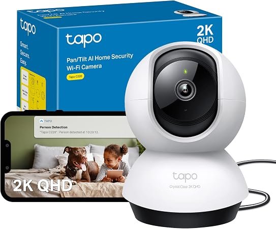 Tapo C220 2K Indoor Security Camera, Pan/Tilt WiFi Camera with AI Detections, Pet Camera, 2-Way Audio, Night Vision, Baby Camera Monitor, Cloud/Local Storage, Works With Alexa&Google, No Monthly Fee
