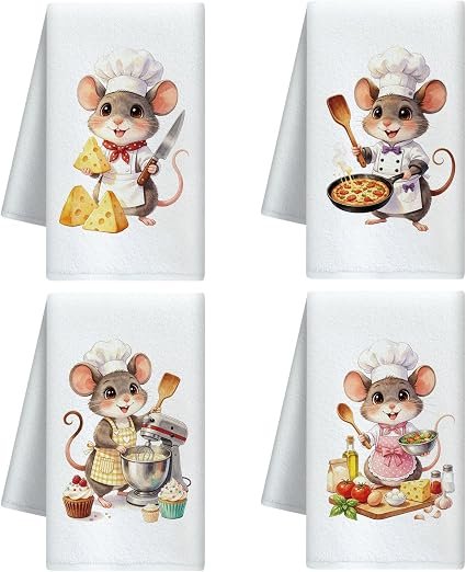 CUTHOLLOW 4Pcs Chef Mouse Kitchen Towels Cute Tea Towels