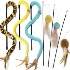 Cat Toy,Cat Feather Toys,Cat Teaser Wand and Rainbow Wand, Interactive Cat Toys for Indoor Cats Adult Kitten, 6 Pack (Yellow)