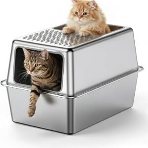 Stainless Steel Cat Litter Tray with Lid, Enclosed All-Metal Cat Litter Box XXL, Hooded High Sided Toilet for Cats, Top-Entry Pet Tray for Large and Small Cats, Non-Stick, Odour-Free, Easy to Clean