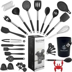 Nonstick Black Steel Kitchen Utensils Set - 38 Pieces Kitchen Utensil Set - Kitchen Gadgets Cookware Set - Cooking Utensils Silicone Kitchen Set - Utensils Set with Holder Heat Resistant