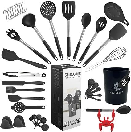 Nonstick Black Steel Kitchen Utensils Set - 38 Pieces Kitchen Utensil Set - Kitchen Gadgets Cookware Set - Cooking Utensils Silicone Kitchen Set - Utensils Set with Holder Heat Resistant