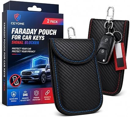 CEYOME Faraday Pouch for Car Keys, 2 Pack Signal Blocker, Red and Blue | Carbon fibre, Compact pouch size, Home and travel use, Helps block keyless car signals