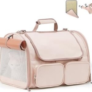 FUKUMARU Cat Carrier, 4 Mesh Windows Small Dog Carrier, 4 Storage Pockets Cat Travel Bag, Under 6.8 Kg Airline Approved Pet Carrier, Rollable Cover for Nervous Cats, Pink
