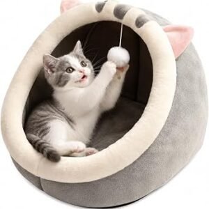 Cat Cave Bed for Indoor Cats, 40x38x34CM Soft Semi-enclosed Cat House with Hanging Fluffy Ball for Small Medium Dogs Cats, Cotton Kitten Bed with Removable Cushion Non-Slip Bottom, Grey