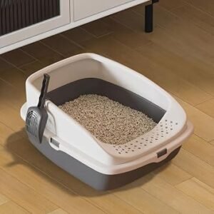 Cat Litter Tray Box, Litter Box, Plastic Cat Open Top Litter Tray with Free Scoop Kitten Detachable Rim Easy Cleaning,49 x 38 x 23cm (Dark Grey)