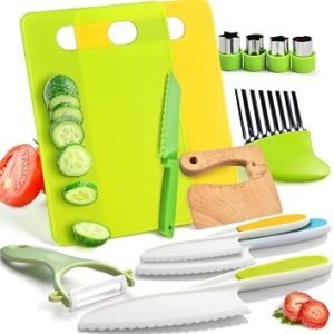13 Pieces Wooden Kids Kitchen Knifes-Toddler Safe Knives Set for Real Cooking With Plastic Toddler Safe Knives/Crinkle Cutter/Kids Cutting Board/Y-Peeler/Fruit Cutters Shapes