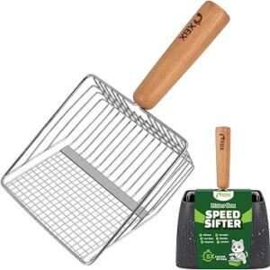 XBX Cat Litter Scoop with Holder, Heavy Duty Litter Sifter, Stainless Steel Litter Shovel, Litter Scooper with Beech Wood Grip and Washable Stand, Perfect for Cat Litter Box Cleaning