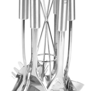 Russell Hobbs 6-Piece Kitchen Utensil Set ? Stainless Steel Kitchen Tools with Holder, Includes Soup Ladle, Spaghetti Spoon, Slotted and Solid Spoon, Slotted Spatula and Potato Masher