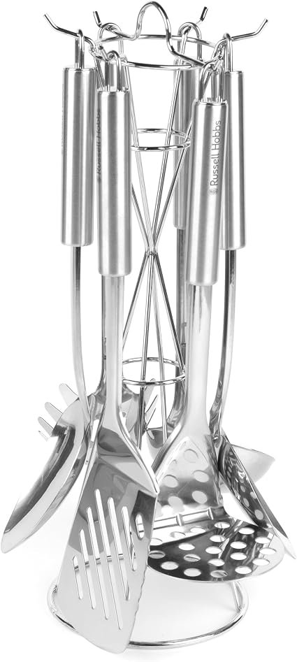 Russell Hobbs 6-Piece Kitchen Utensil Set ? Stainless Steel Kitchen Tools with Holder, Includes Soup Ladle, Spaghetti Spoon, Slotted and Solid Spoon, Slotted Spatula and Potato Masher