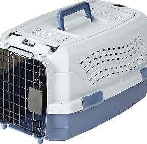 Amazon Basics Hard-Sided Pet Carrier, Two-Door Top-Load Dog Travel Box, 48.3 L x 32 W x 25.4 H cm, Blue