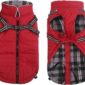 Dog Coats Waterproof With Harness Winter Warm Coat Dog Winter Coat-Red-M | Dog Coats Waterproof dog coat with harness attached traction belt,Pet outdoor...