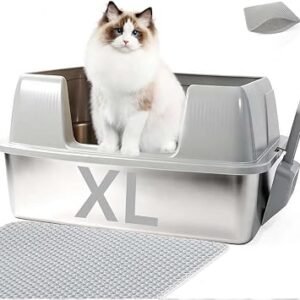 FURRYPAWS XL Stainless Steel Cat Litter Tray?With Double Layer Litter Mat