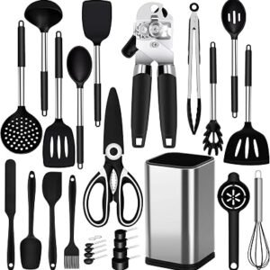 Kitchen Utensils Set, 26 Pack Silicone Cooking Utensils Set with Holder, Silicone Kitchen Utensils, Heat Resistant, Non Stick Spatula Spoon Slotted Spatula Cooking Tools Turner Tongs, Black