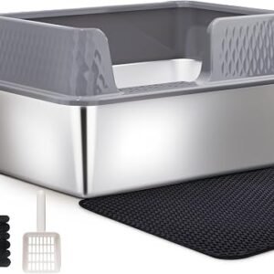 Vealind Stainless Steel Litter Box Metal Cat Litter Tray Heavy Duty, High Sided Cat Litter Tray with Detachable Rim Enclosure Sturdy Durable Large Kitty Litter Pan