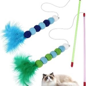 Cat Wand Toy with Feathers & Bell Cat Feather Toy CatToy 2Pcs Toys for Cats