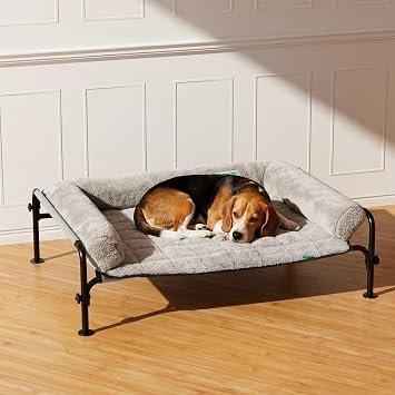 Gardner Pet Elevated Dog Bed with Guardrail & Thick Plush Pad, Grey
