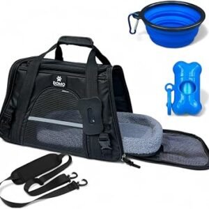 Domo Airline Approved Cat & Dog Carrier - Soft-Sided Portable Pet Travel Bag for Small & Medium Pets - Foldable Cat Carriers with Fleece Mat, Bowl & Poop Bag Holder For Car/Airplane (M 43*25*28cm)