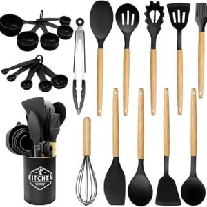 Silicone Kitchen Utensils 22 Pieces, Set of Utensils da Cucina per Pentole Antiaderenti, Heat and Non-Stick with Wooden Handle for Utensils BPA Free (Black)