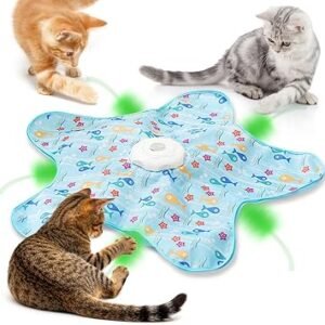 Interactive Cat Toys for Indoor Cats Adult kitten, Automatic Hide and Seek Cat Toy with Moving Feather and Mouse Squeaky for Indoor Kittens, USB Rechargeable, Blue