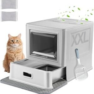 Marchul XXL Large Cat Litter Tray, Enclosed Stainless Steel Cat Litter Box with Lid and Drawer Design, High Sidewalls with Anti-Splash Baffles, Upgraded Deeper Tray with Scoop and Mat, Smell Free