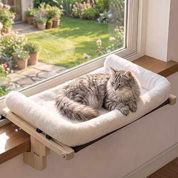 Pecute Cat Windowsill Perch, Cloud-Soft Cat Bed with Wood Frame, 63cm