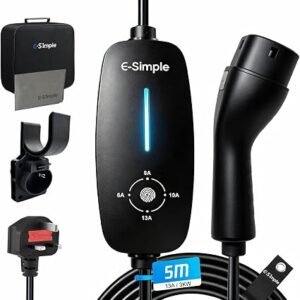 E-S1mple EV Charger 5M with 3 Pin UK Plug for Electric and Hybrid Vehicles | 6-13A Adjustable, Plug & Play, IP65. with Rain Cover can use in rain day,...