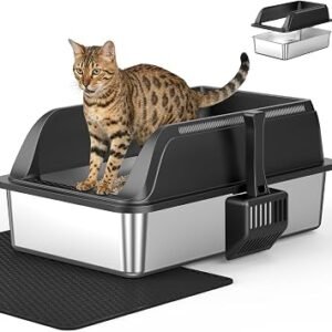 1-Pack Stainless Steel Cat Litter Box, XL High Sides, Black