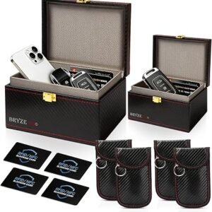 2-in-1 Faraday Box Set, Large & Small Carbon Fibre Boxes with 4 Key Fob Pouches + 4 Card Sleeves | Complete Signal Blocking Protection for Keyless Vehicles