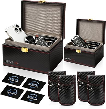 2-in-1 Faraday Box Set, Large & Small Carbon Fibre Boxes with 4 Key Fob Pouches + 4 Card Sleeves | Complete Signal Blocking Protection for Keyless Vehicles