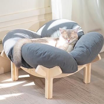 CheerPals Elevated Flower Cat Bed, 55x55x32cm Wooden Large Cat Sofa, Grey