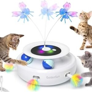GoldenSun 3-In-1 Interactive Cat Toys for Indoor Cats Adult, Smart Cat Feather Toys, Rechargeable Power Cat Toys Balls & Handmade Butterfly Cat Toy, Teaser with 6 Attachments