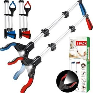 2 Pack Litter Pickers Grabber Stick with Light, 44" Extra Long Reach Heavy Duty Grabber Reacher Tool, Foldable Lightweight Helping Hand Grabbers for Disabled, Adults, and Elderly