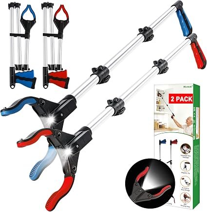 2 Pack Litter Pickers Grabber Stick with Light, 44" Extra Long Reach Heavy Duty Grabber Reacher Tool, Foldable Lightweight Helping Hand Grabbers for Disabled, Adults, and Elderly