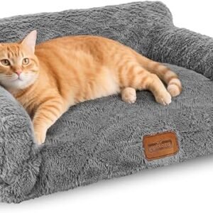 Nobleza Cat Sofa Bed for Indoor Cats, Fluffy PV Cat Couch with Removable Washable Cover, Non-Woven Wrapped Padding, Non-Slip Bottom, Plush Pet Bed for Cats Small Dog Puppy Kitten, 60x45x30cm,Dark Grey