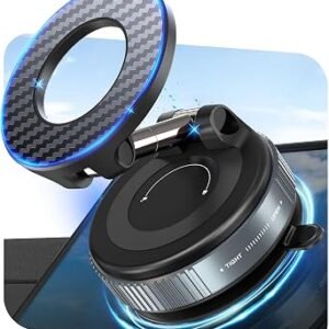 PlusAcc Vacuum Magnetic Phone Holder for Car - Suction Phone Mount 360?Rotatable Foldable Portable Strong Magnet Stand for iPhone 13/14/15/16/17 Air/18 Pro Max on Mirror, Smooth Surface, Windscreens