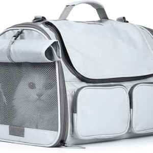 FUKUMARU Cat Carrier, Soft-Sided Small Dog Carrier, Large Cat Travel Bag with 4 Mesh Windows, Airline Approved Pet Carrier with 4 Storage Pockets, Rollable Cover for Nervous Pets, Grey