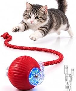 Cat Toys for Indoor Cats Adult and Kitten, 2 Pack Interactive Kitten Toys Balls, Rechargeable with LED Light and 3 Speed Modules, Red & Grey 2 pcs