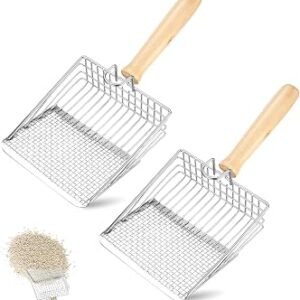 2 PCS Cat Litter Scoop, Metal Litter Scooper with Wooden Handle Non-Stick Cat-Sifter with Deep Shovel Litter-Box Fast Sifting for Cats and Kittens