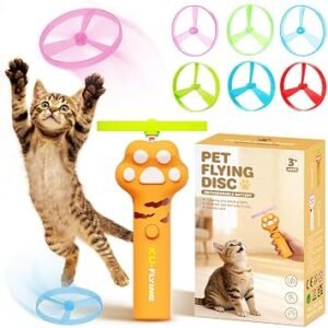 Cat Fetch Toy, Rechargeable Flying Disc Launcher with 6 Colourful Flying Discs, Interactive Cat Chasing Toy for Indoor Cats Kitten, Yellow