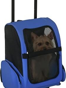 PawHut Pet Travel Backpack Bag Cat Puppy Dog Carrier w/ Trolley and Telescopic Handle Portable Stroller Wheel Luggage Bag (Blue)