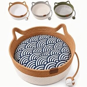 Cat Bed, Cotton Rope Woven Cat Basket with Toy Ball, Cat Scratching Sleeping Nest (With cushion)