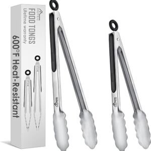 HOTEC Premium Stainless Steel Kitchen Tongs Set of 2-9" and 12",Locking Metal Food Tongs Non-Slip Silicone Grip for Cooking, Baking, Grilling, Heat Resistant