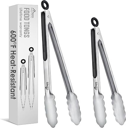 HOTEC Premium Stainless Steel Kitchen Tongs Set of 2-9" and 12",Locking Metal Food Tongs Non-Slip Silicone Grip for Cooking, Baking, Grilling, Heat Resistant