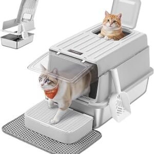 Feandrea Cat Litter Box with Flip Lid, Scoop, Litter Mat, 2 Doors