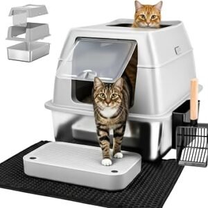 Stainless Steel Cat Litter Tray - Easy to clean - Non Stick Surface - Stainless Steel Litter Box - 38L Capacity - Odor Free Metal Litter Tray - With Scoop & Litter Mat - 23.6"? 15.7"?15.9" - Gray