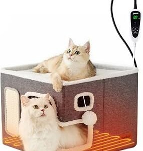 ZOMISIA Heated Cat Bed House Indoor, Cat Cave with Heating Pad, Grey