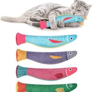 Aibuddy Catnip Toy, 4 Pack Fish Cat Chew Toys, Bite Resistant Catnip Toys with Bell Inside, Plush Cartoon Kitten Teething Interactive Toy ? 7.7" L * 1.9" W?